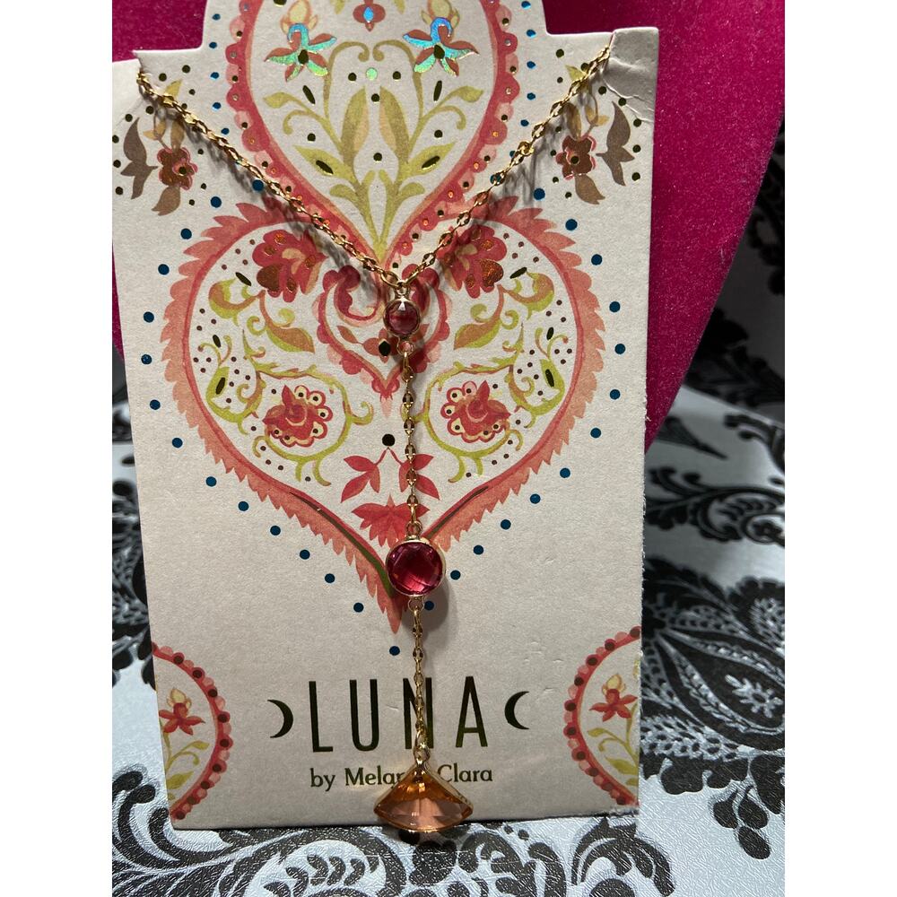 Melania Clara Luna collection gold with Pink stones Y Necklace